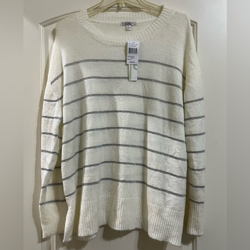 NWT Isela Women’s Vanilla Glitter Silver Striped Long Sleeve Pullover Sweater XL
